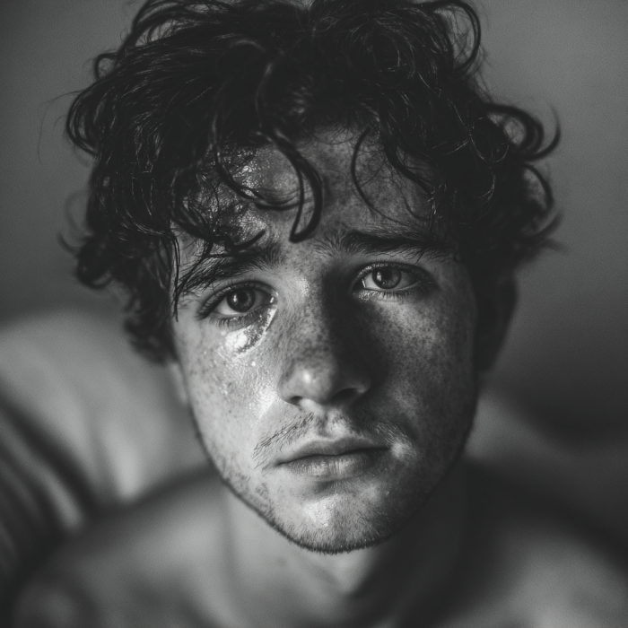 Ein Graustufenfoto eines Mannes mit Tränen in den Augen | Quelle: Midjourney