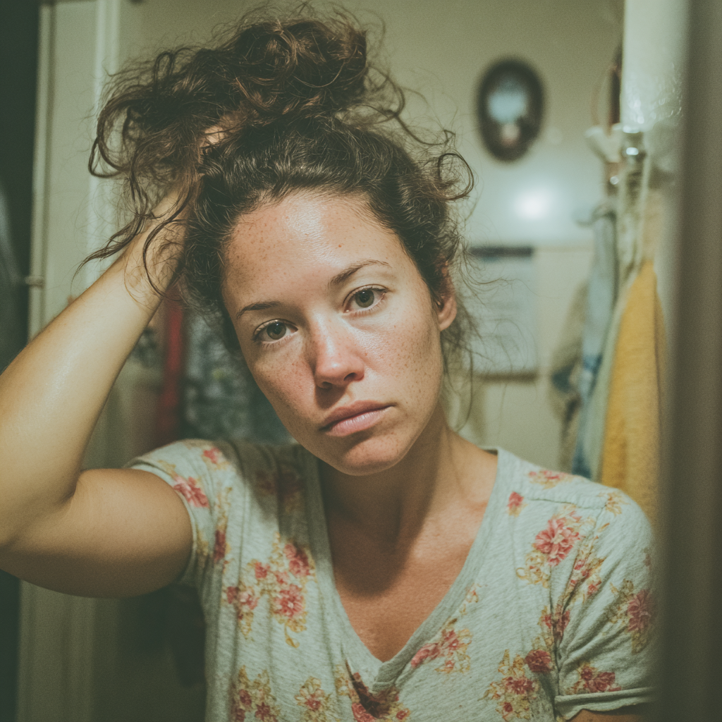 Eine zerzauste und unglückliche Frau, die ihr Spiegelbild betrachtet | Quelle: Midjourney