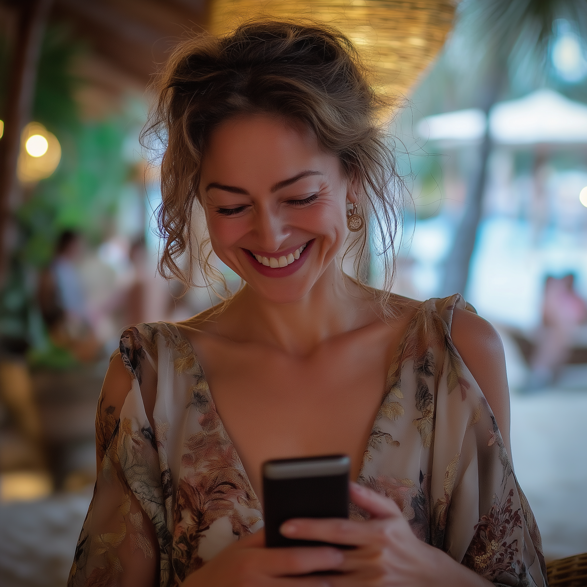 Eine Frau lächelt, während sie auf ihr Telefon schaut | Quelle: Midjourney