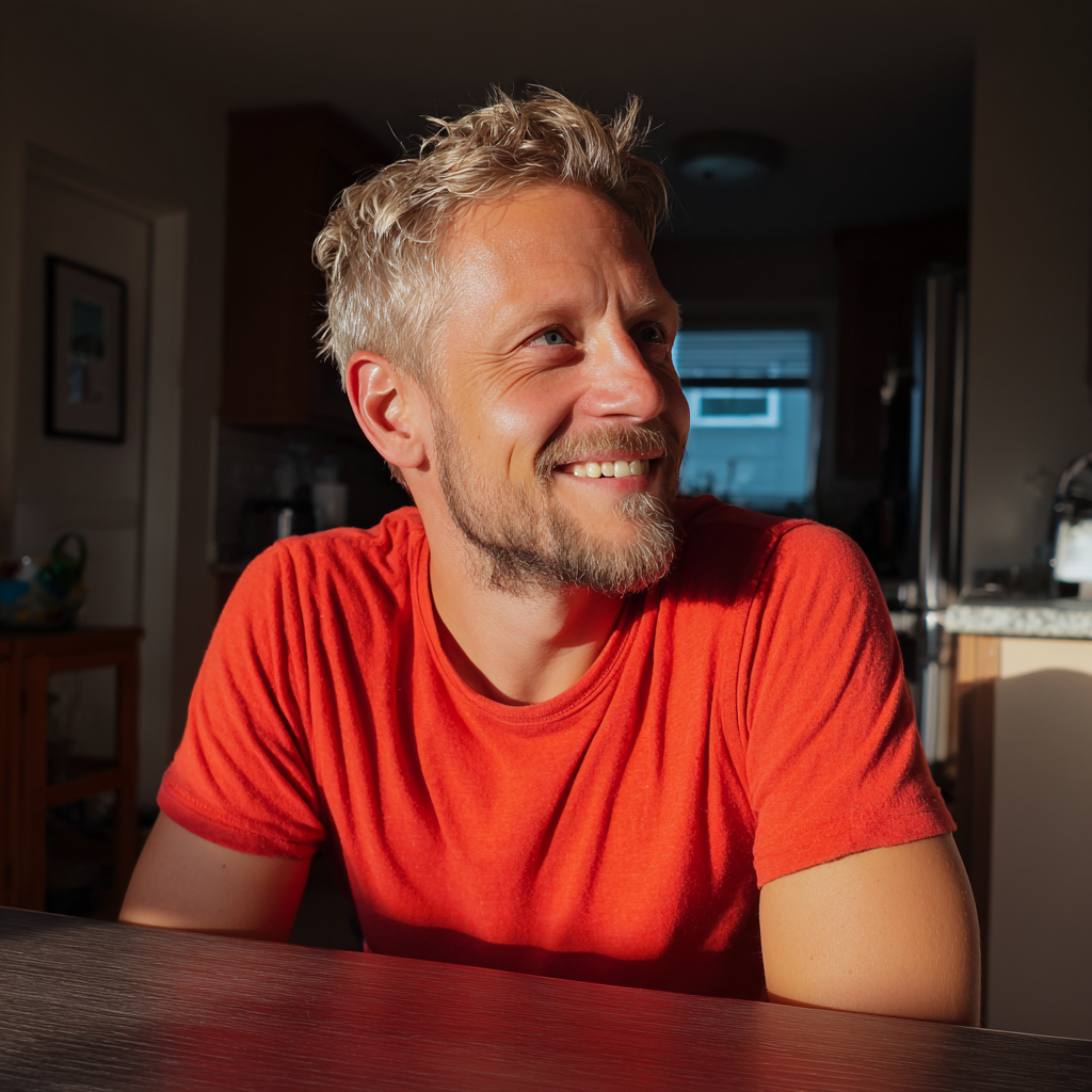 Ein lächelnder Mann, der an einem Küchentisch sitzt | Quelle: Midjourney