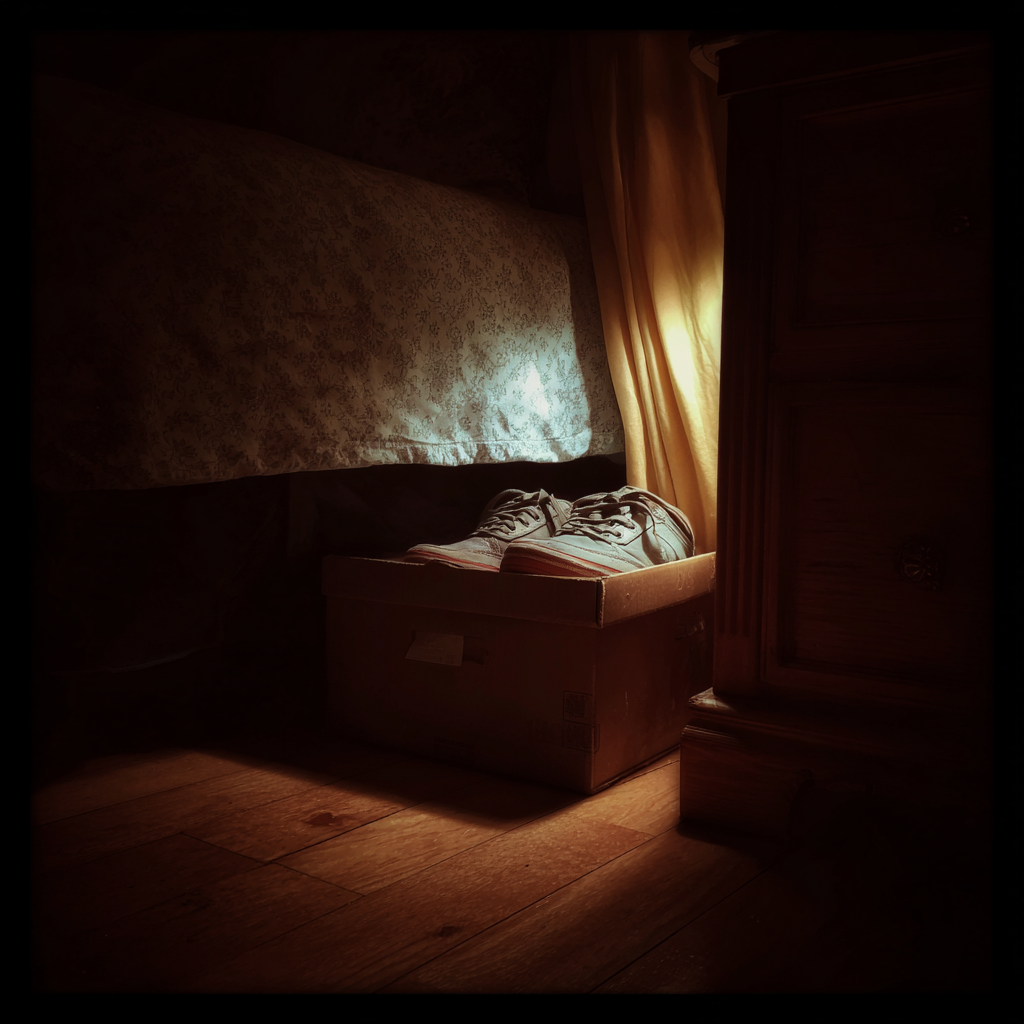 Ein Schuhkarton neben einem Bett | Quelle: Midjourney