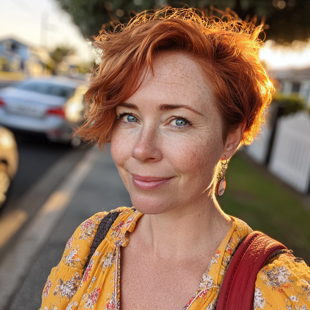 Eine lächelnde Frau, die auf einem Gehweg steht | Quelle: Midjourney