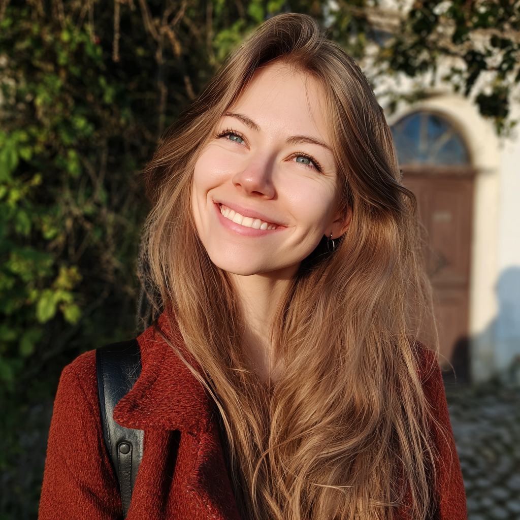 Eine lächelnde Frau in einem roten Mantel, die draußen steht | Quelle: Midjourney