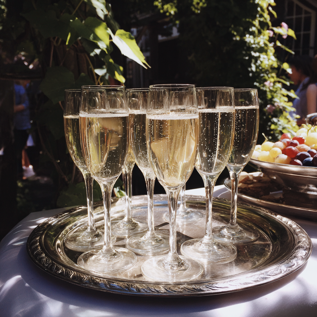 Gläser mit Champagner auf einem Tablett | Quelle: Midjourney