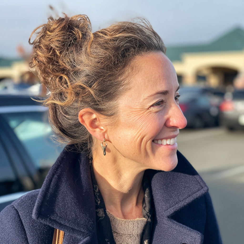 Eine lächelnde Frau, die auf einem Parkplatz steht | Quelle: Midjourney