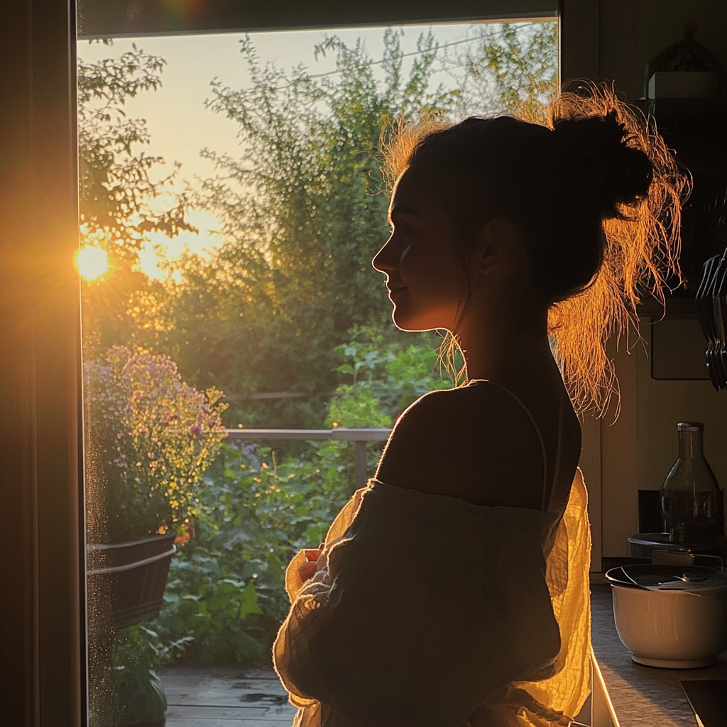 Frau steht in ihrer Küche und genießt den Sonnenuntergang | Quelle: Midjourney