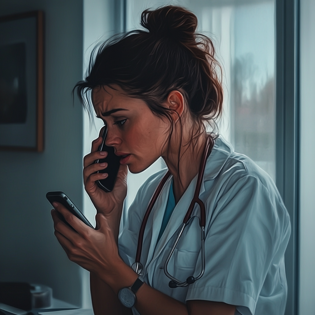 Eine traurige Ärztin, die mit ihrem Telefon spricht | Quelle: Midjourney