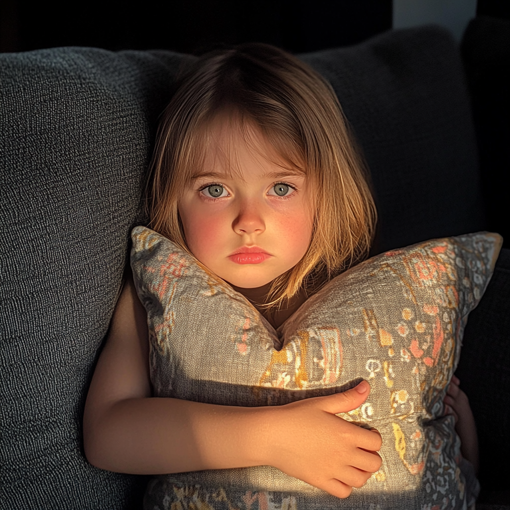 Ein kleines Mädchen sitzt auf einer Couch | Quelle: Midjourney