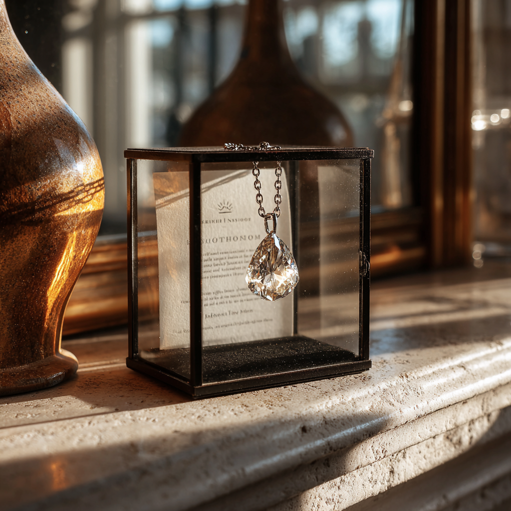 Ein Diamant-Anhänger auf einem Mantel | Quelle: Midjourney
