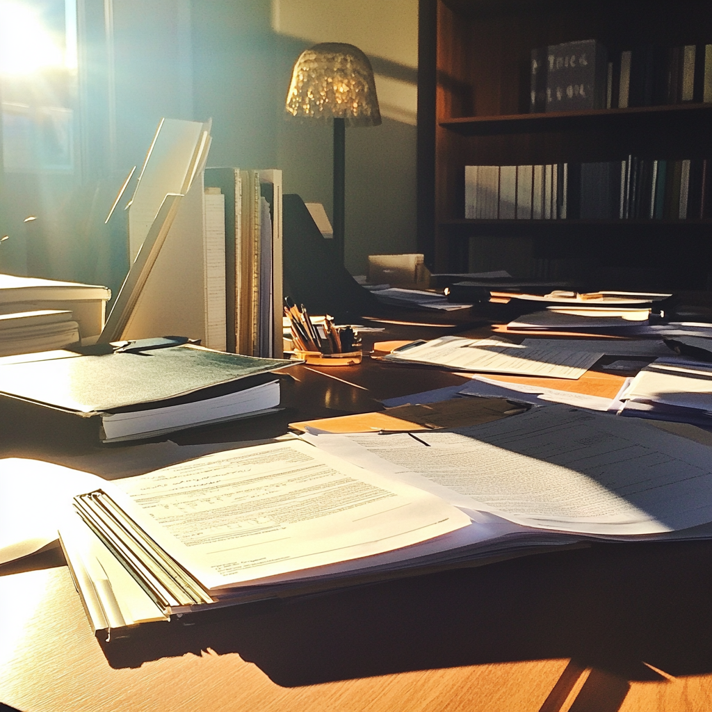 Papierkram auf einem Schreibtisch | Quelle: Midjourney