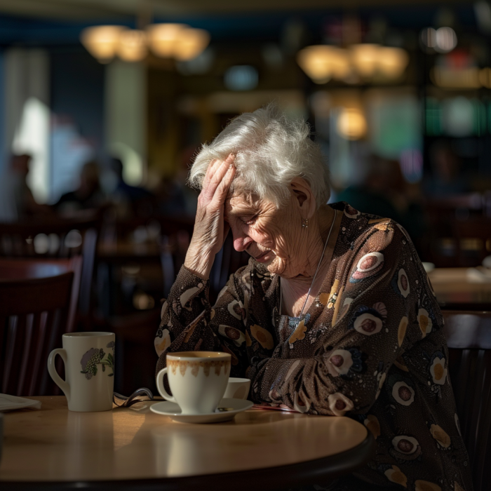 Eine sehr traurig aussehende ältere Frau sitzt im Café eines Pflegeheims | Quelle: Midjourney