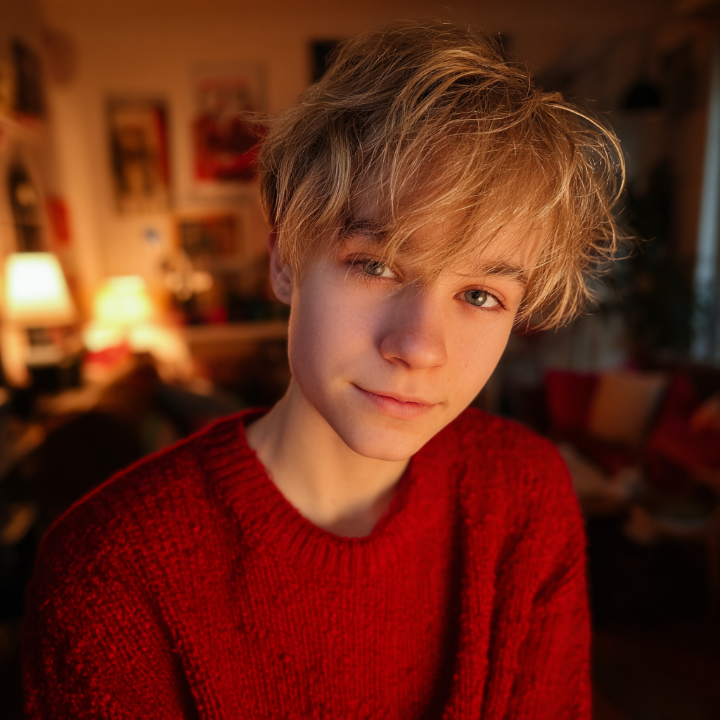 Ein Junge trägt einen roten Pullover | Quelle: Midjourney
