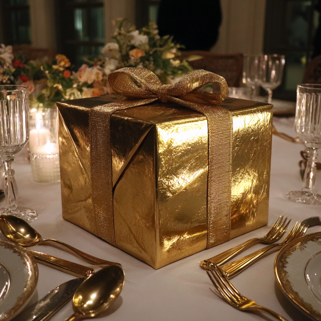 Eine in Gold eingewickelte Schachtel auf einem Tisch | Quelle: Midjourney