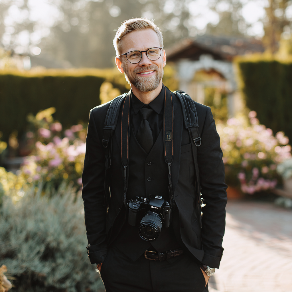 Ein lächelnder Hochzeitsfotograf | Quelle: Midjourney