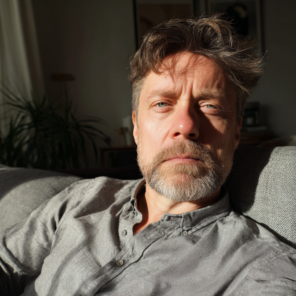 Ein genervter Mann sitzt auf einer Couch | Quelle: Midjourney