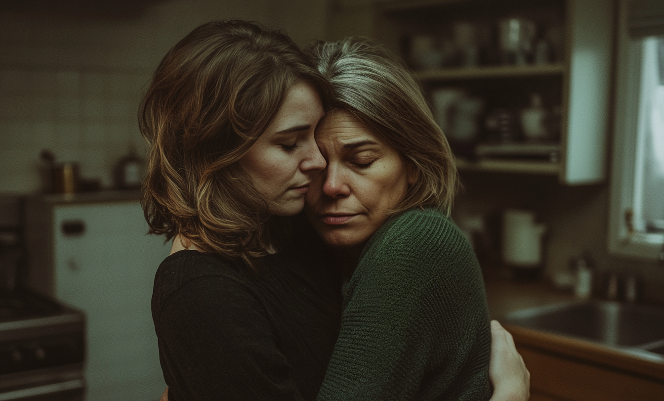Eine Frau, die ihre ältere Mutter in einer Küche umarmt | Quelle: Midjourney
