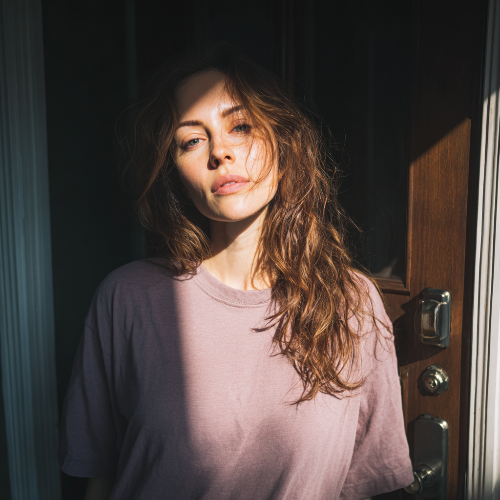 Eine Frau, die ein fliederfarbenes T-Shirt trägt und in einer Tür steht | Quelle: Midjourney