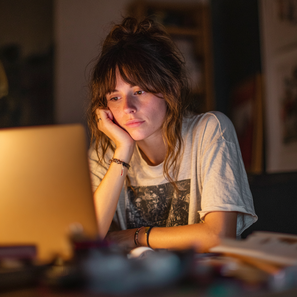 Eine Frau sitzt an ihrem Laptop | Quelle: Midjourney