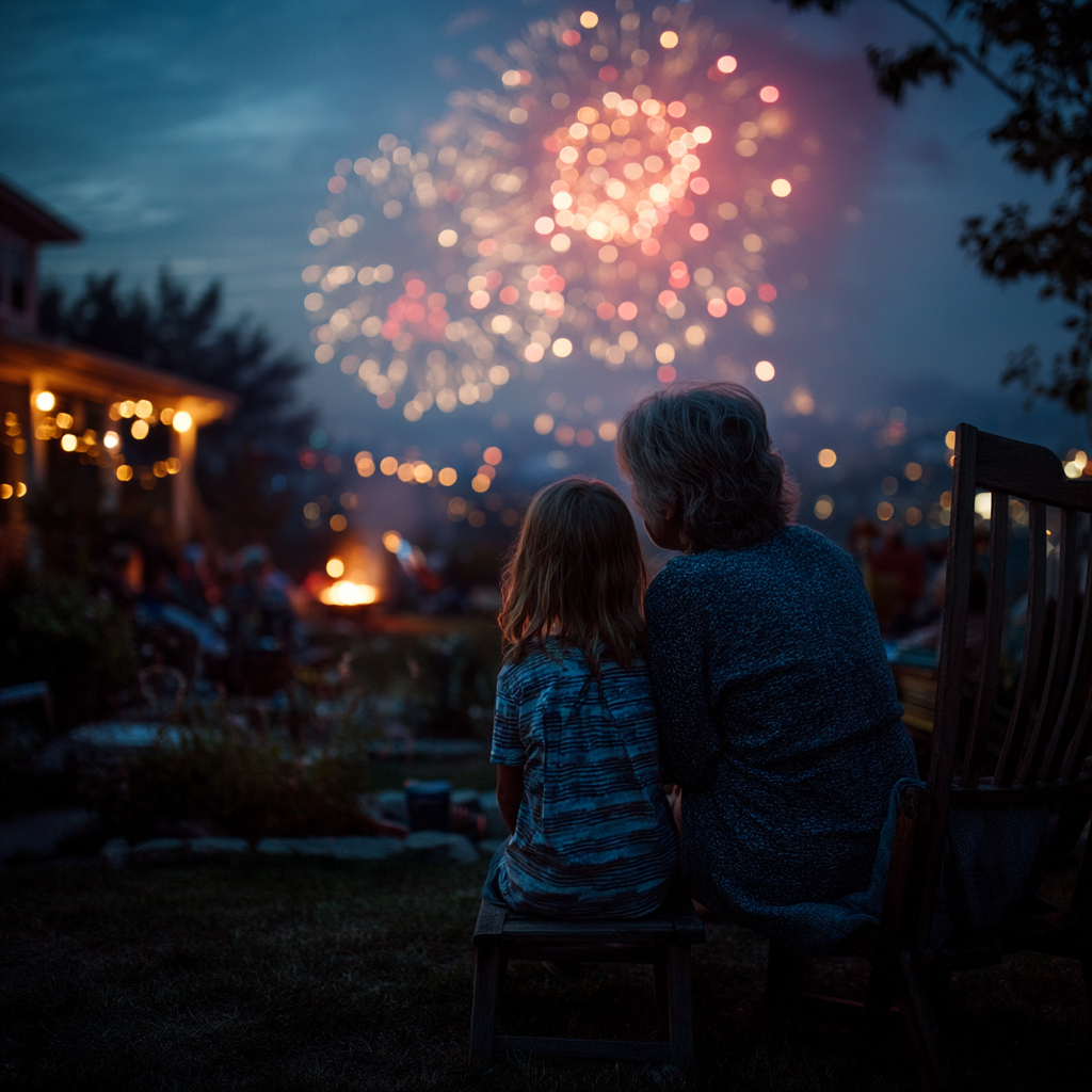 Eine glückliche Frau und ein kleines Mädchen beobachten ein Feuerwerk | Quelle: Midjourney