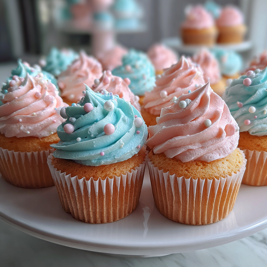 Eine Platte mit pastellfarbenen Cupcakes | Quelle: Midjourney