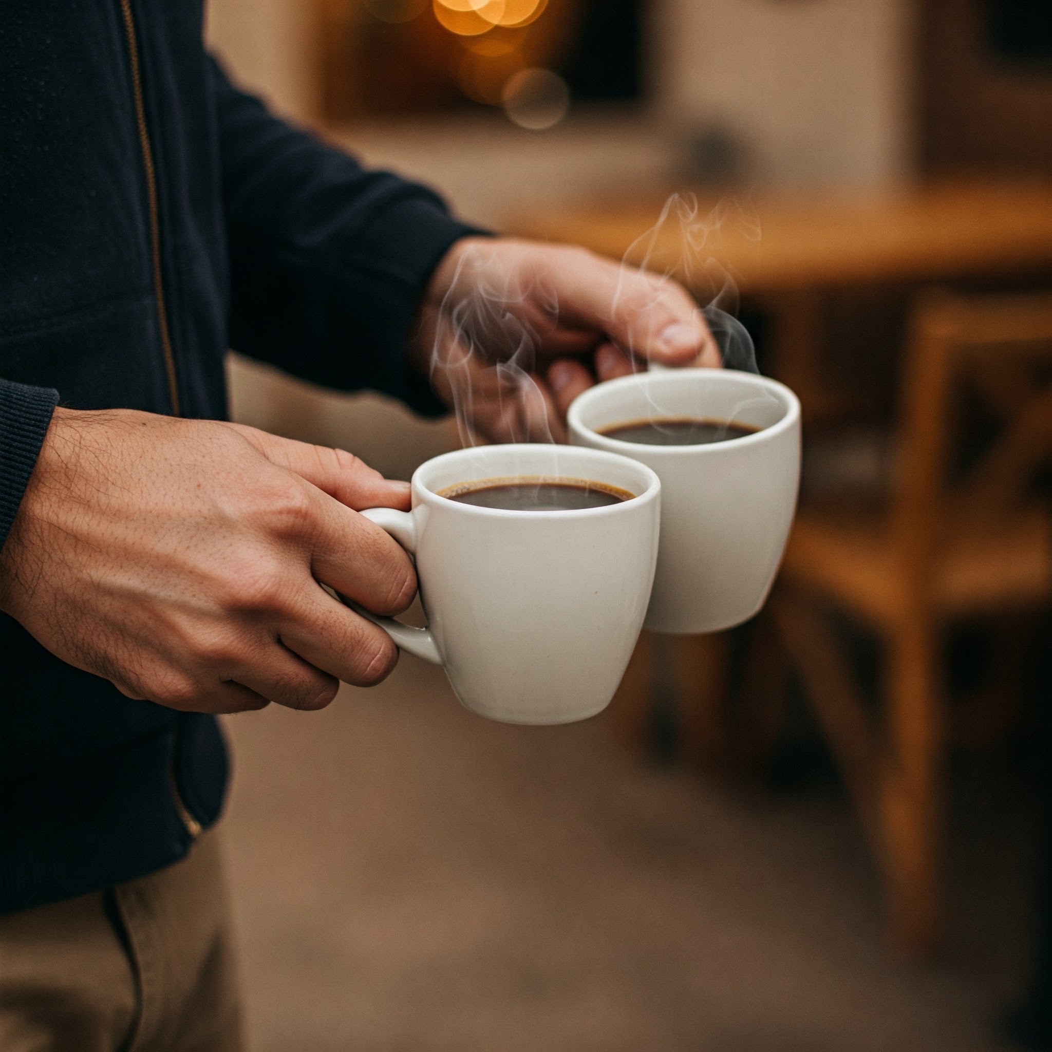 Ein Mann mit zwei Kaffeebechern | Quelle: Gemini
