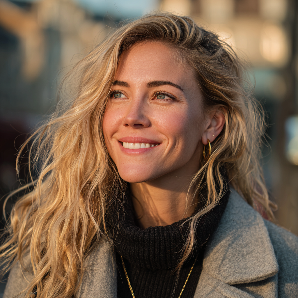 Eine lächelnde Frau, die draußen steht | Quelle: Midjourney
