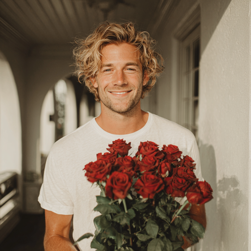 Ein lächelnder Mann, der einen Rosenstrauß hält | Quelle: Midjourney
