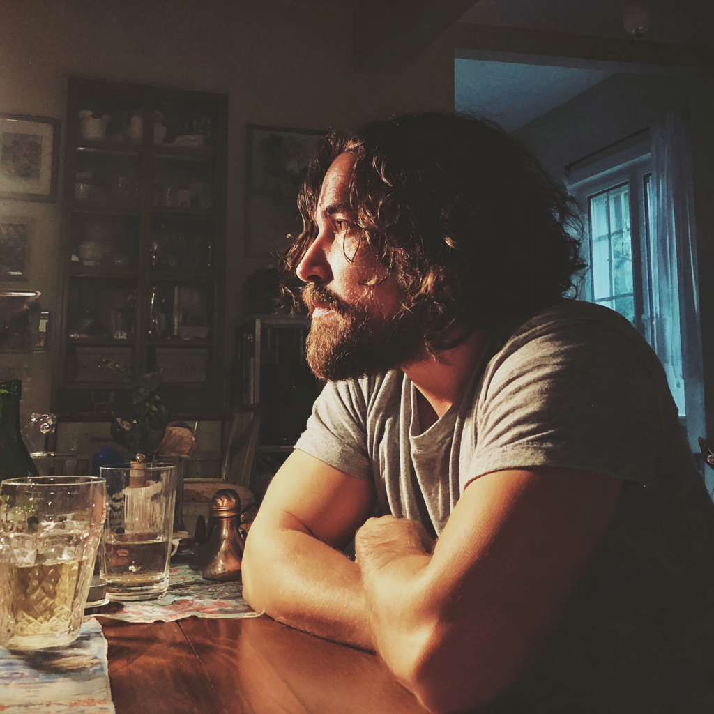 Ein geschockter Mann sitzt an einem Tisch | Quelle: Midjourney