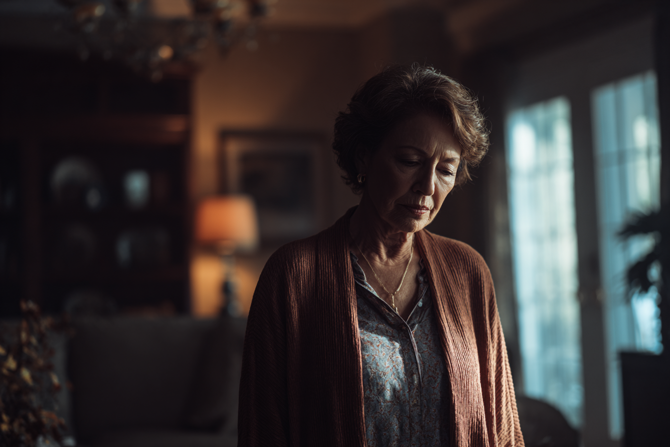 Eine ältere Frau schaut nach unten | Quelle: Midjourney