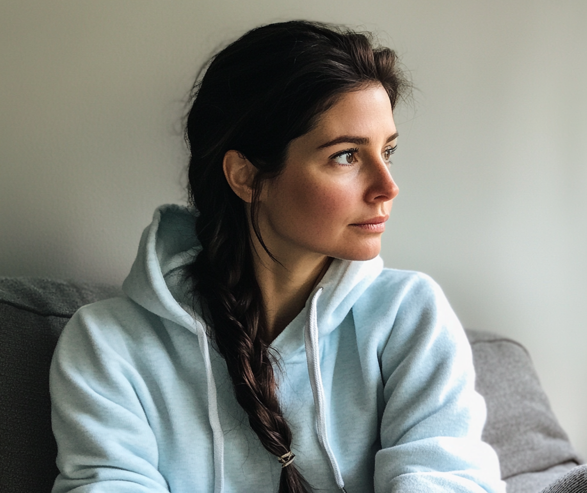 Eine müde Frau in einem Kapuzenpulli sitzt auf einer Couch | Quelle: Midjourney