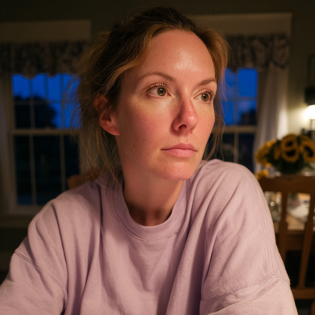 Eine besorgte Frau sitzt an einem Tisch | Quelle: Midjourney