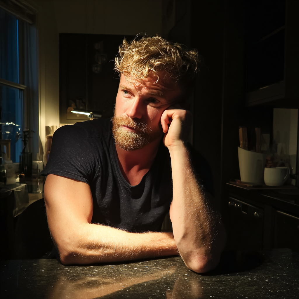 Ein Mann lehnt an einem Küchentisch | Quelle: Midjourney