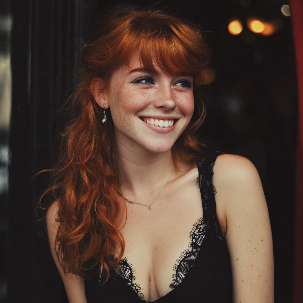 Eine lächelnde Frau in einem schwarzen Kleid | Quelle: Midjourney