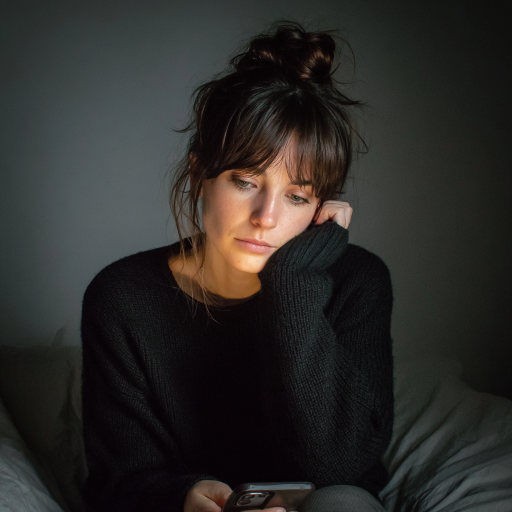 Eine nachdenkliche Frau, die ihr Handy benutzt | Quelle: Midjourney