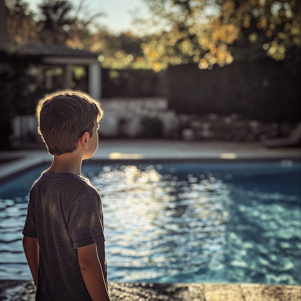 Ein kleiner Junge steht neben einem Schwimmbad | Quelle: Midjourney