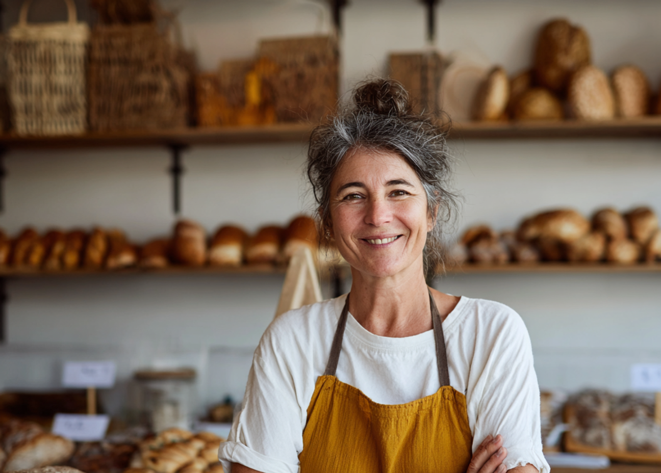 Eine lächelnde Frau, die in einer Bäckerei steht | Quelle: Midjourney