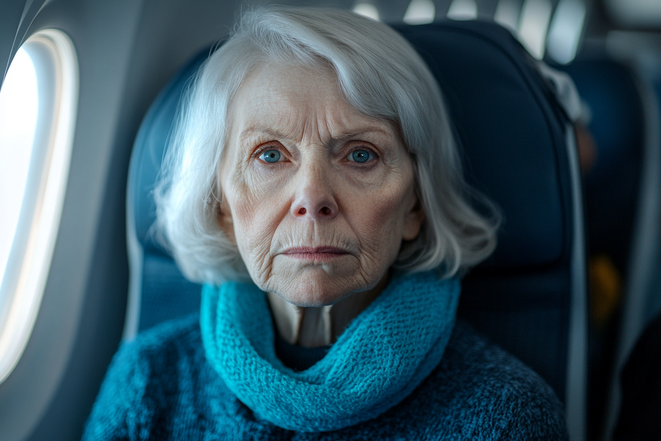 Eine ältere Frau sitzt in einem Flugzeugsitz | Quelle: Midjourney