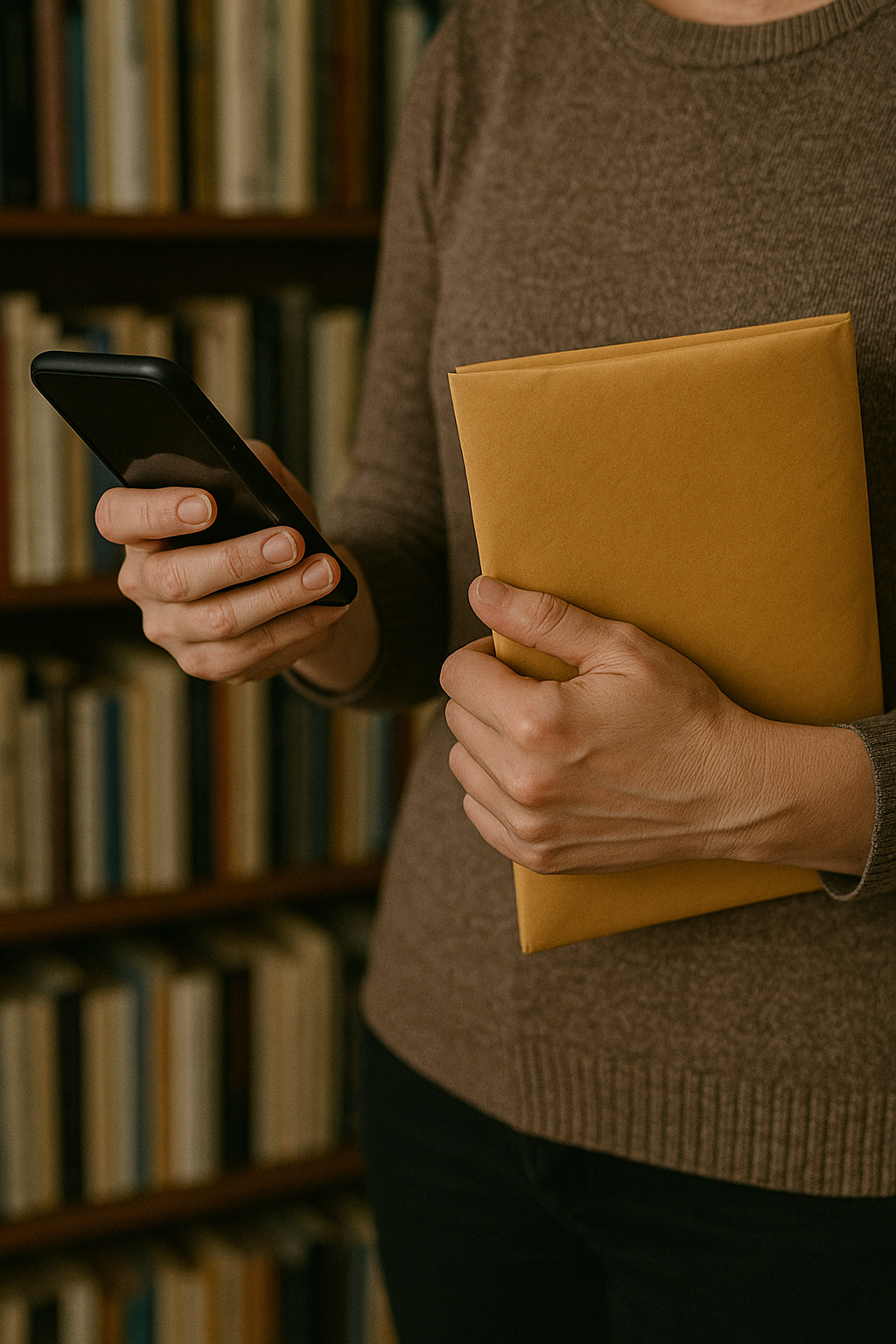 Eine Frau hält ein Telefon in der einen und einen Umschlag in der anderen Hand | Quelle: DALL-E