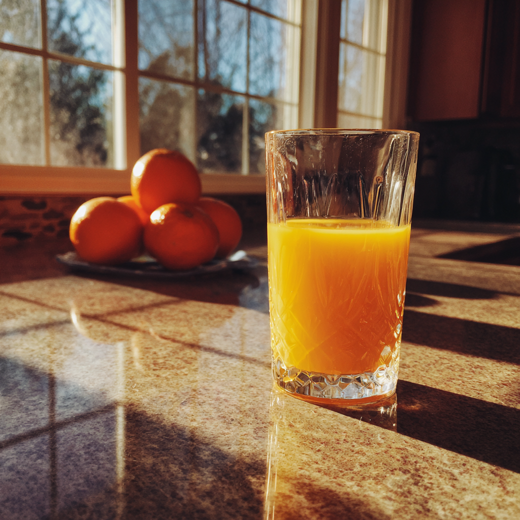 Ein Glas Saft auf einer Küchentheke | Quelle: Midjourney