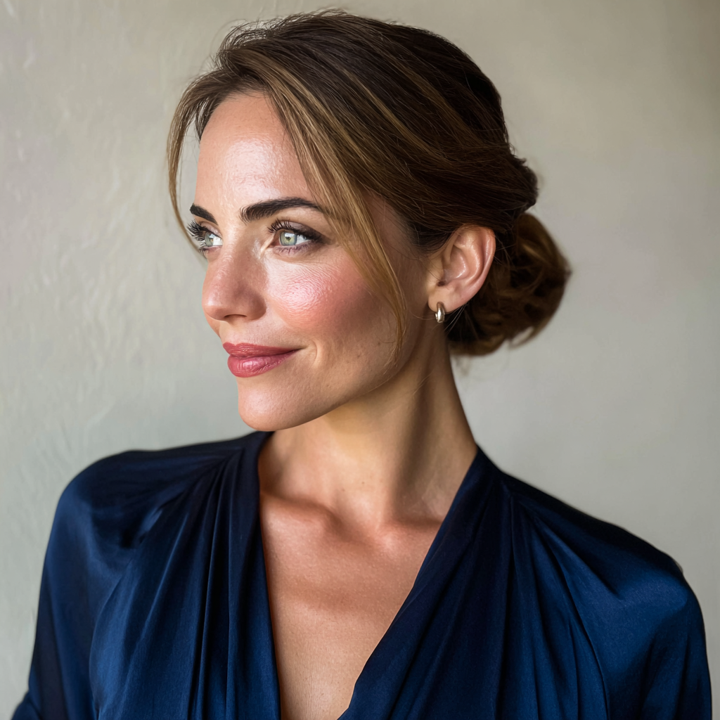 Eine lächelnde Frau in einem marineblauen Kleid | Quelle: Midjourney