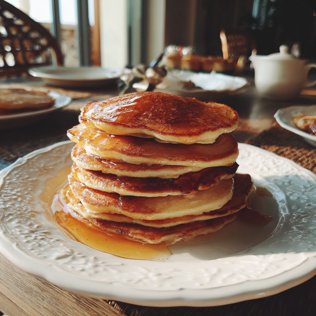 Ein Stapel Pfannkuchen und Sirup auf einem Tisch | Quelle: Midjourney