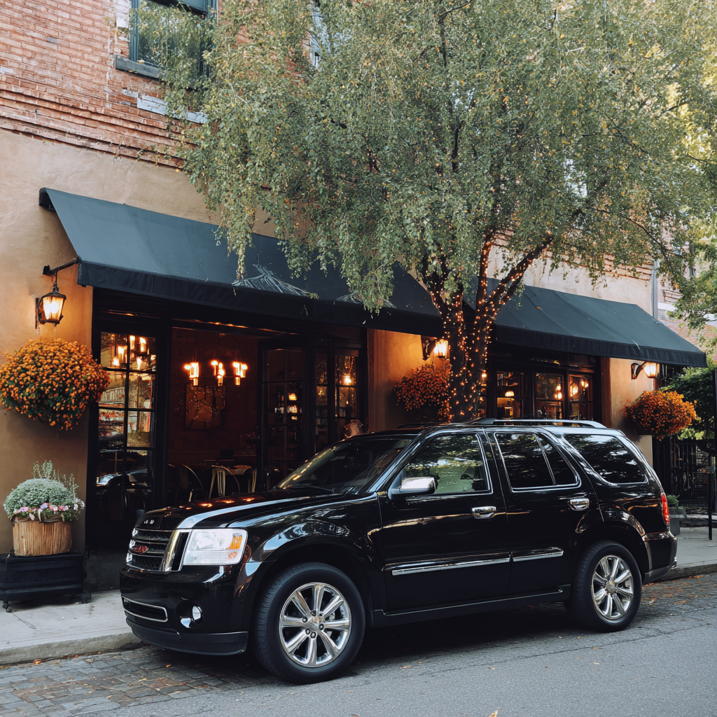 Ein Auto, das vor einem Bistro geparkt ist | Quelle: Midjourney