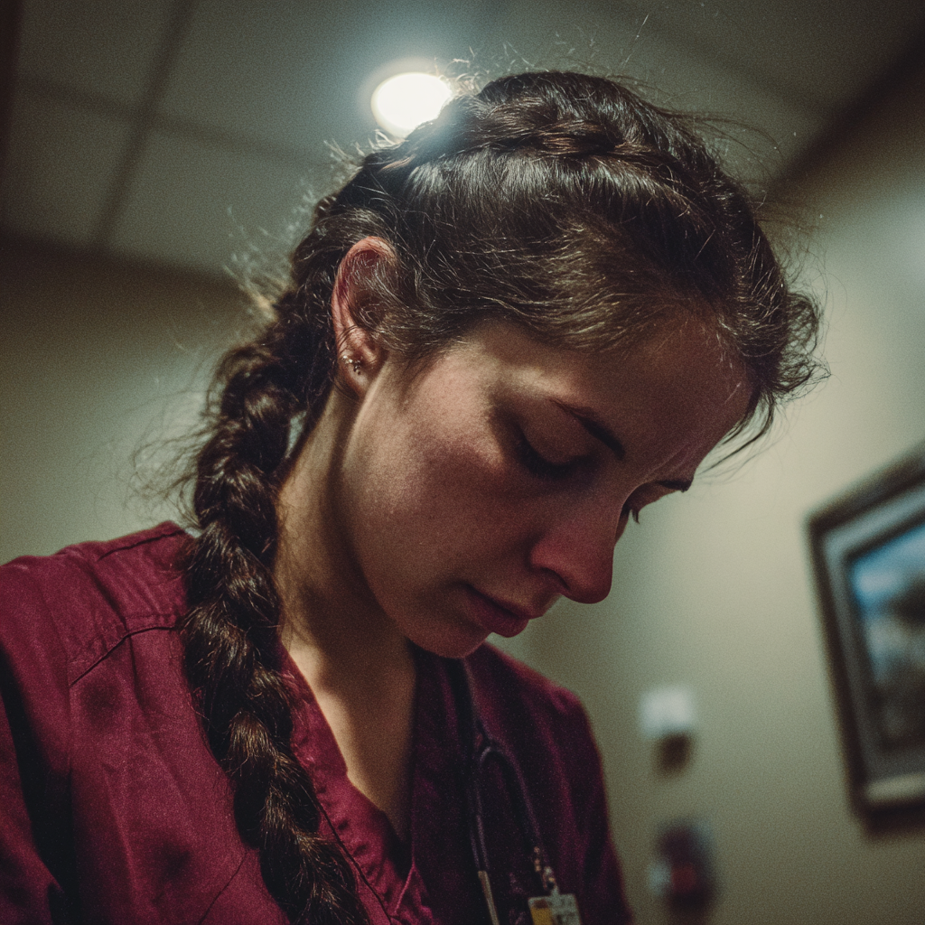 Eine aufgeregte und emotionale Krankenschwester auf einer Krankenhausstation | Quelle: Midjourney