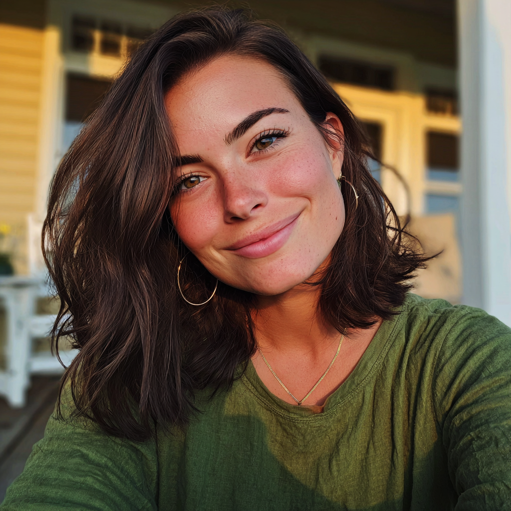 Eine lächelnde Frau, die auf einer Veranda sitzt | Quelle: Midjourney