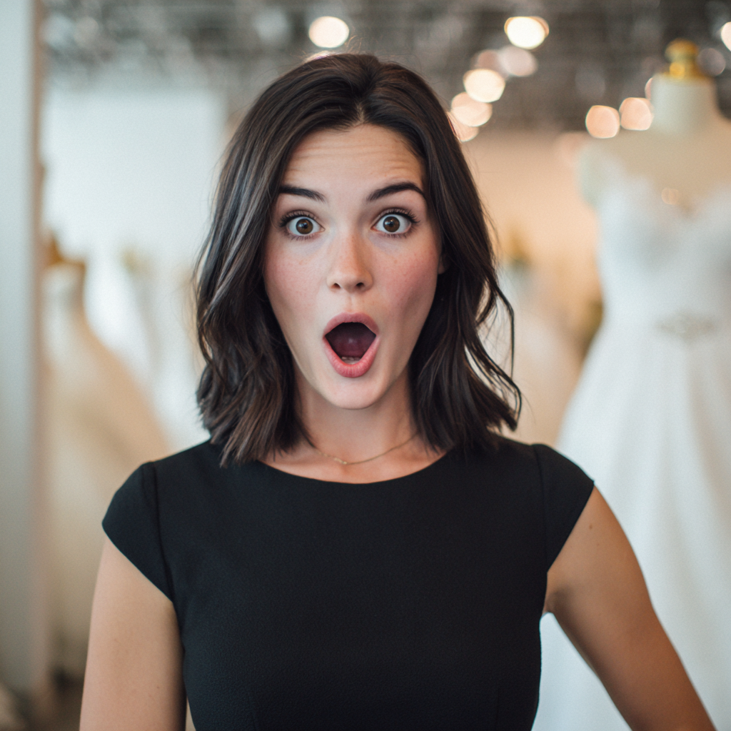 Eine schockierte Frau in einem schwarzen Kleid | Quelle: Midjourney