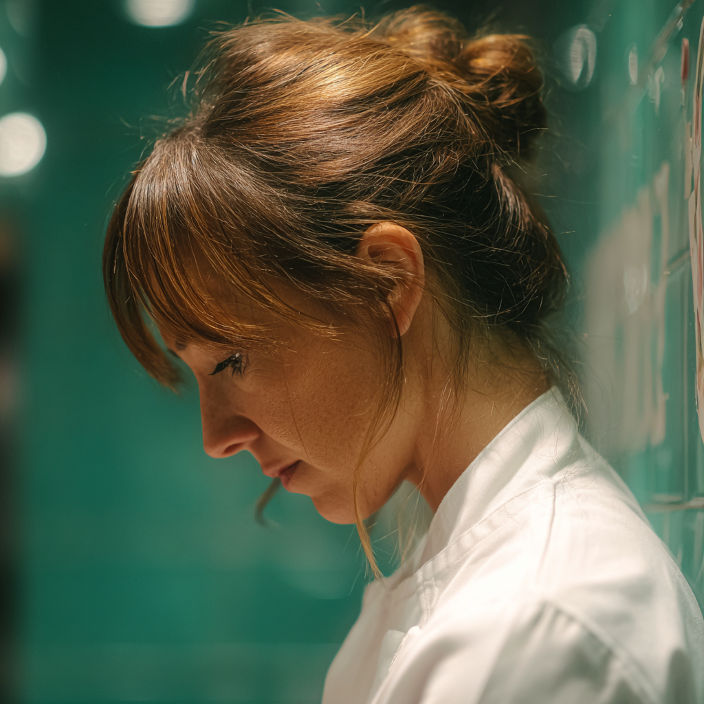 Eine emotionale Frau in einem weißen Kochmantel | Quelle: Midjourney