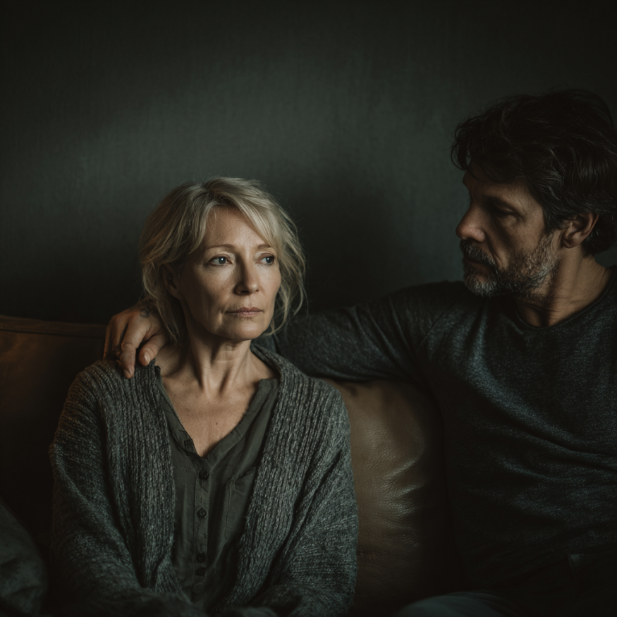 Ein Mann streckt die Hand aus, um die Schulter einer Frau zu berühren | Quelle: Midjourney