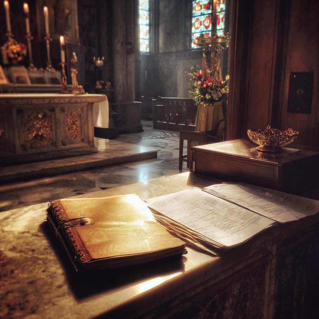 Ein Ordner und ein offenes Buch auf einem Kirchenaltar | Quelle: Midjourney