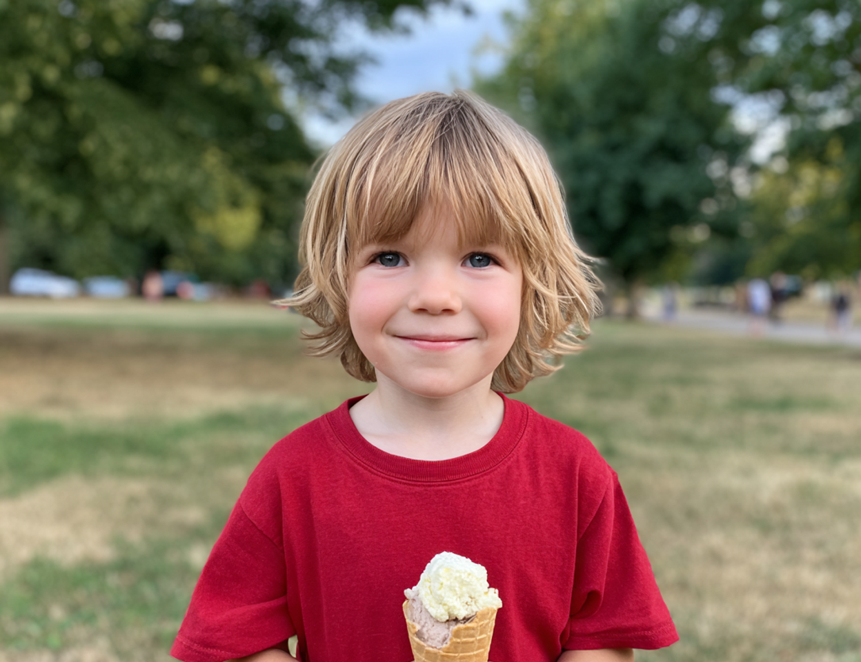 Ein lächelnder kleiner Junge mit einer Eiswaffel in der Hand | Quelle: Midjourney