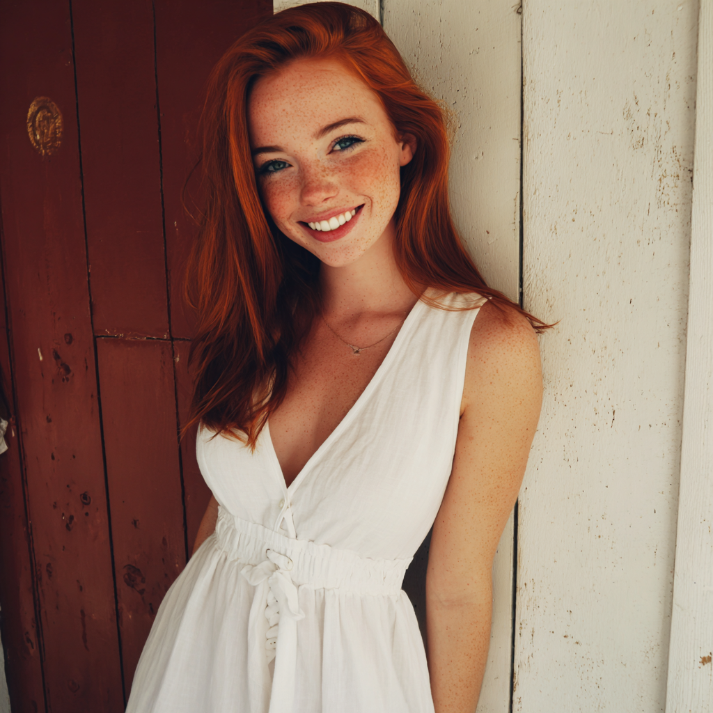 Eine lächelnde Frau, die sich gegen eine Tür lehnt | Quelle: Midjourney